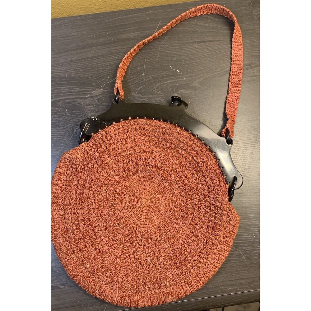 Vintage Kiss Lock Crochet Clutch Circle Handbag Rust Orange Boho Purse Bag